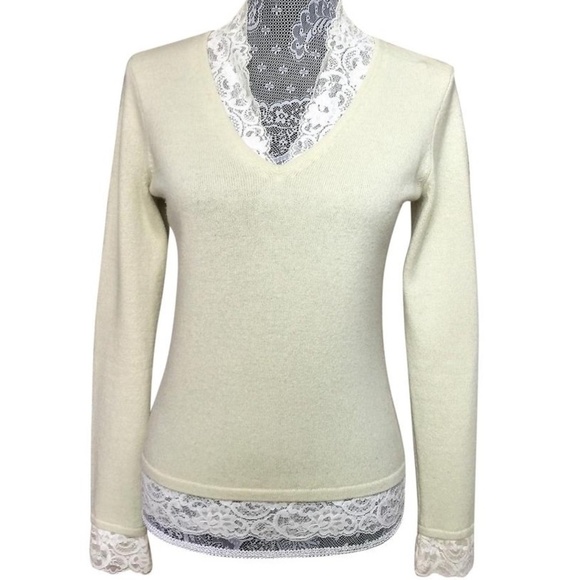 Cashmere Relaxed V-Neck Sweater with Lace Trim, S - Picture 1 of 8